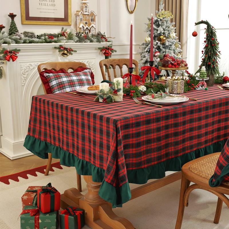 Christmas Tablecloth Woven Cotton Plaid Table Cover With Ruffled Trim Dining Decor
