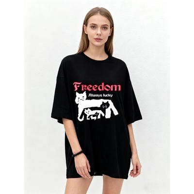 Übergroßes T-Shirt Schwarz Freiheit Immer Glückskatzen Print Lässig Streetwear Mode Oberteil Damen Sommer Outfit Unisex Locker Geschnitten Grafik-Tee