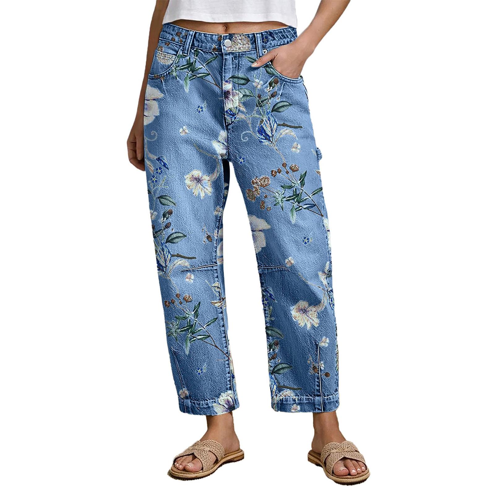 Women s & Versatile High-Waisted Denim Trousers With Floral Print L красный