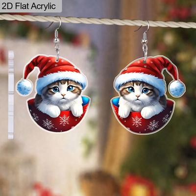 2D Flat Retro Christmas Women's Acrylic Dangle Earrings, Cat Earrings, Christmas Party Jewelry Gift