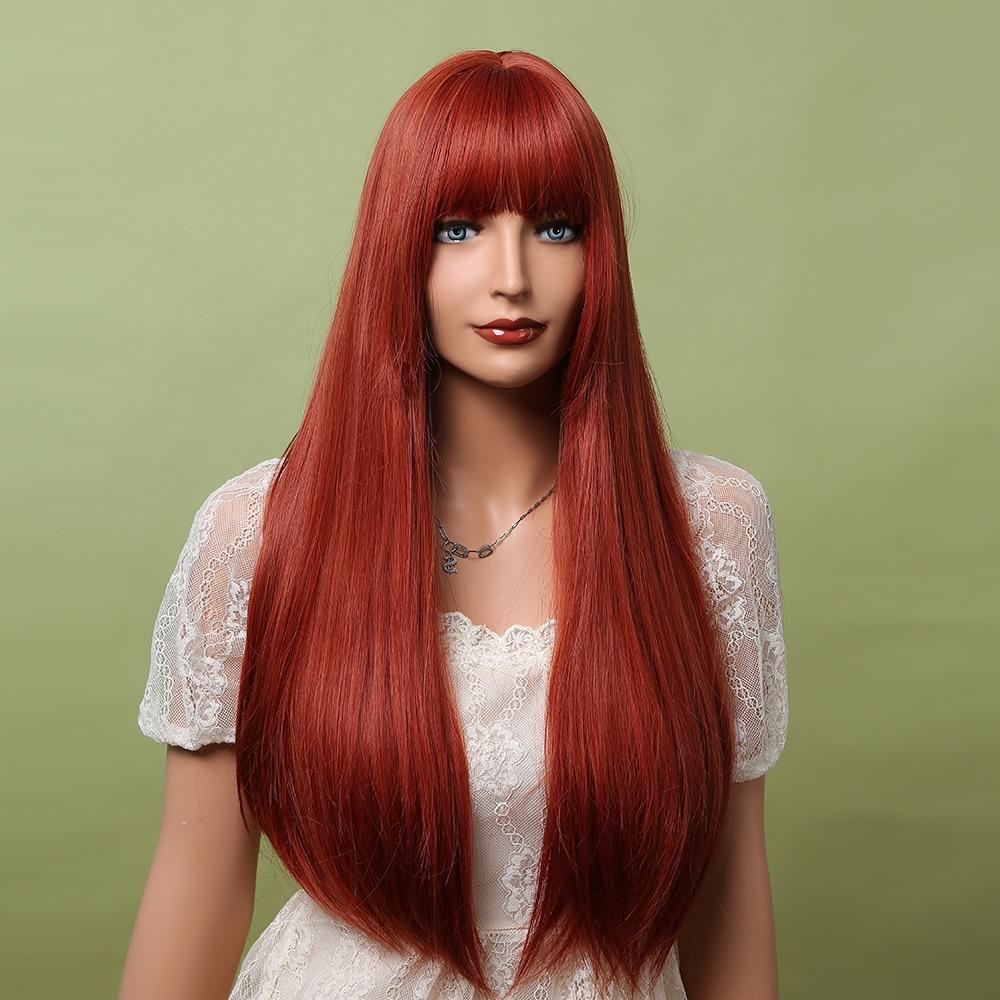 Lång Orange Röd Ingefära Rak syntetisk peruk för kvinnor Natural Wave Peruk med lugg Värmebeständig Cosplay Peruk