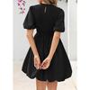 Women's Fashionable Solid Color Round Neck Bubble Short Sleeved Bohemian Pleated A-line Dress