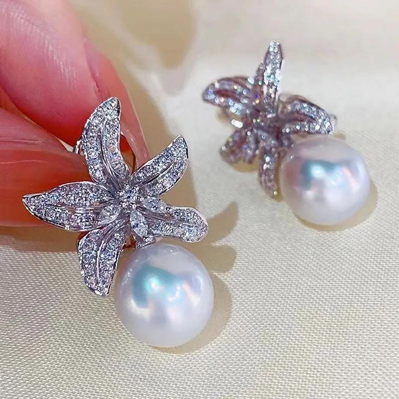 Huitan New Trend Imitation Pearl Dangle Earring for Women Luxury Silver Bling Cubic Zirconia Fashion Elegant Lady Jewelry