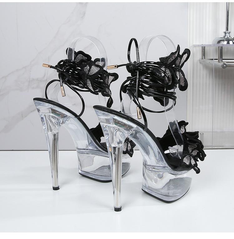 Strap Shoes Butterfly Sexy Super High Heels 15CM Thin Heel Waterproof Platform Sandals Transparent Crystal LFD