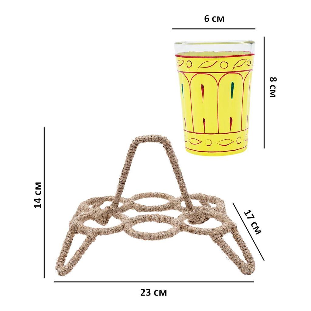 Handcrafted & Handpainted Multicoloured Aluminium Tea Kettle Pot and 6 Glasses with Stand (Yellow, Green, Brown)
