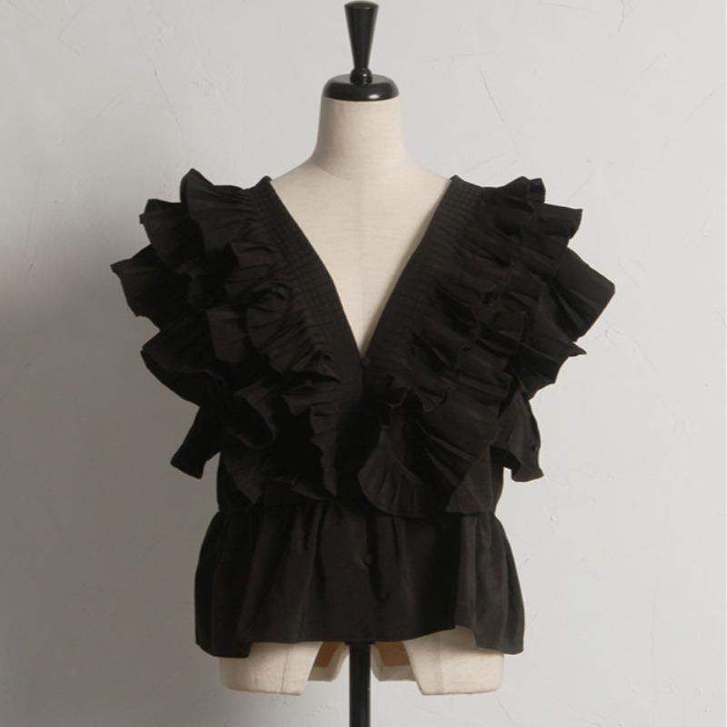 Korean Style Summer Women Stylish Blouse V Neck White Black Layered Ruffles Fashion Shirt Flying Sleeve Feminine Top