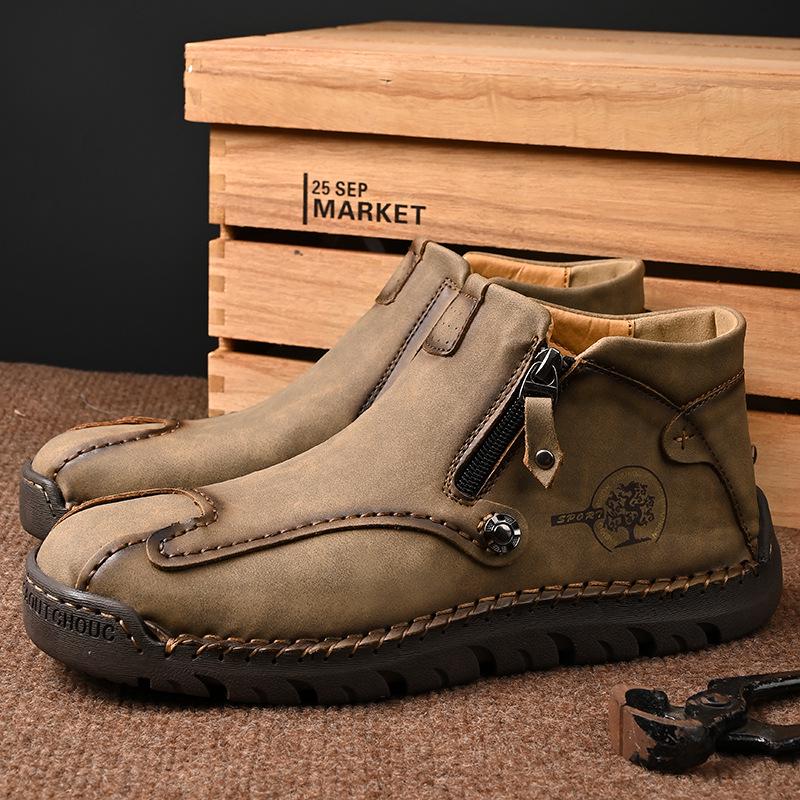 Autumn/Winter Men's Mid-Top Leather Slip-On Martin Boots - Large Size, Handmade, Stitched, Business Style.