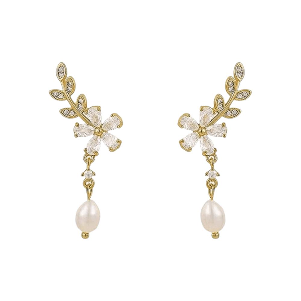 Leaves Flower Stud Earrings Exquisite Pearl Dangle Earrings Elegant Leaf Flower Earrings Gift золотой