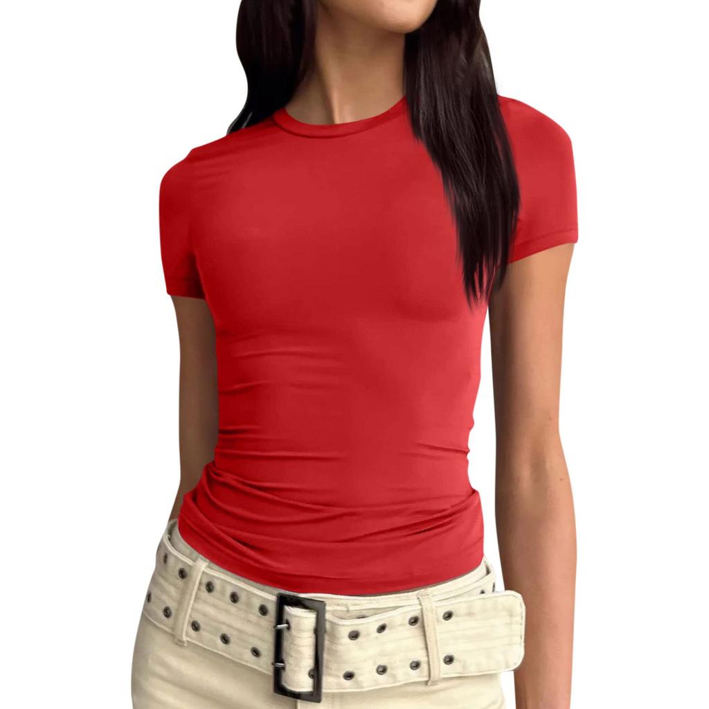 נשים שרוול קצר סוילד סקסי חמוד טי Slim Fit Tight Crop-Top חולצה