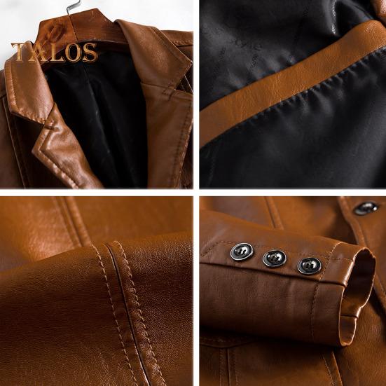Men Jacket Lapel Long Sleeve Single Breasted Faux Leather Coat with Pockets Loose Fit Solid Color Outwear