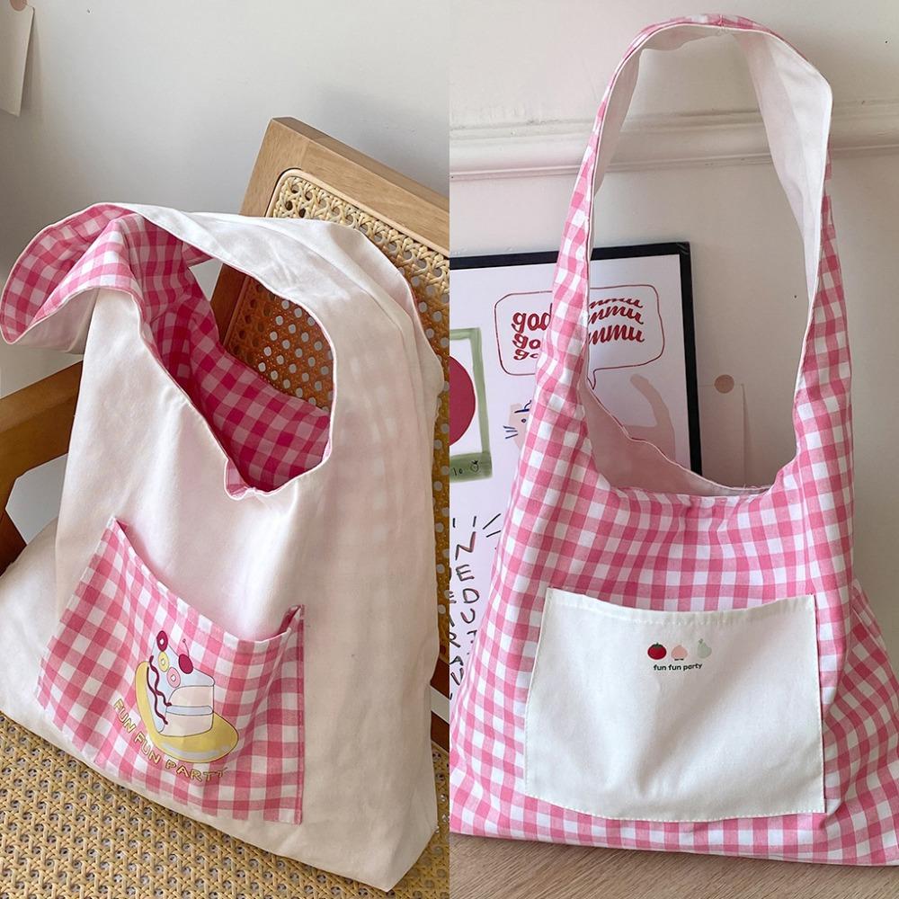 Japanese Style Lattice Shoulder Bag Sweet Canvas Tote Bag Double Sided Plaid Vest Bag  Outdoor