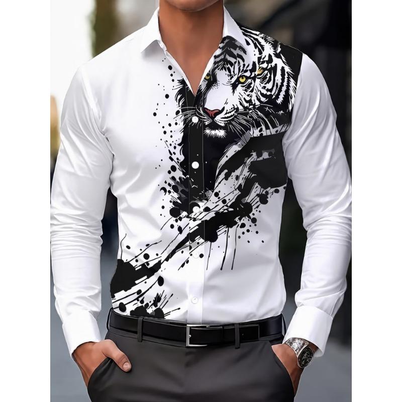 Men's long sleeved shirt with printed collar button up cardigan shirt, new fashionable men's top, trendy street daily wear