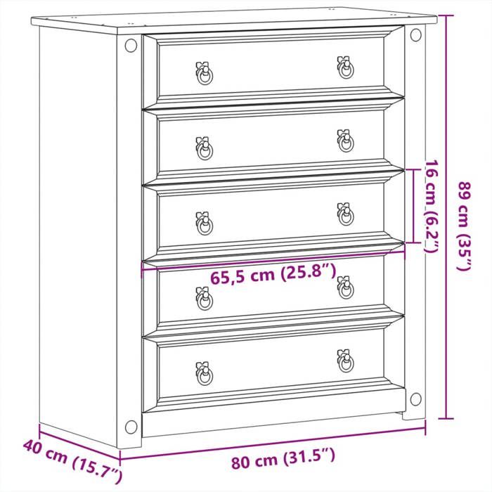 VidaXL Commode Corona 80x40x89 cm bois massif de pin, commode à tiroirs, classeur, armoire à tiroirs, armoire de rangement, 4005673