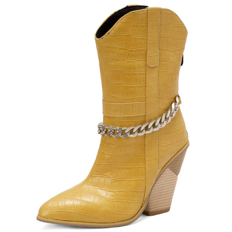 Fashion Western Cowboy Boots For Women Sexy Chain Ankle Boots For Women Wedges Heels Black Yellow White Autumn Winter Shoes Large Size