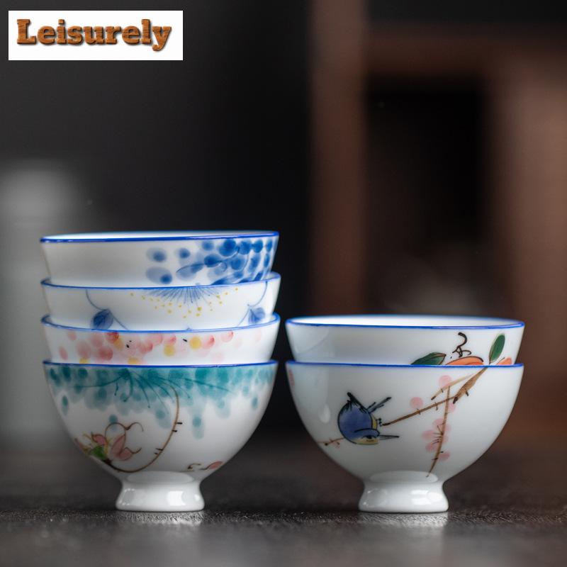 1 Pc Chinese Ceramic Teacup Master Handmade Tea Bowl Hand-Painted Lotus Fish Porcelain Tea Cup Household Tea Set Travel Cup 50ml