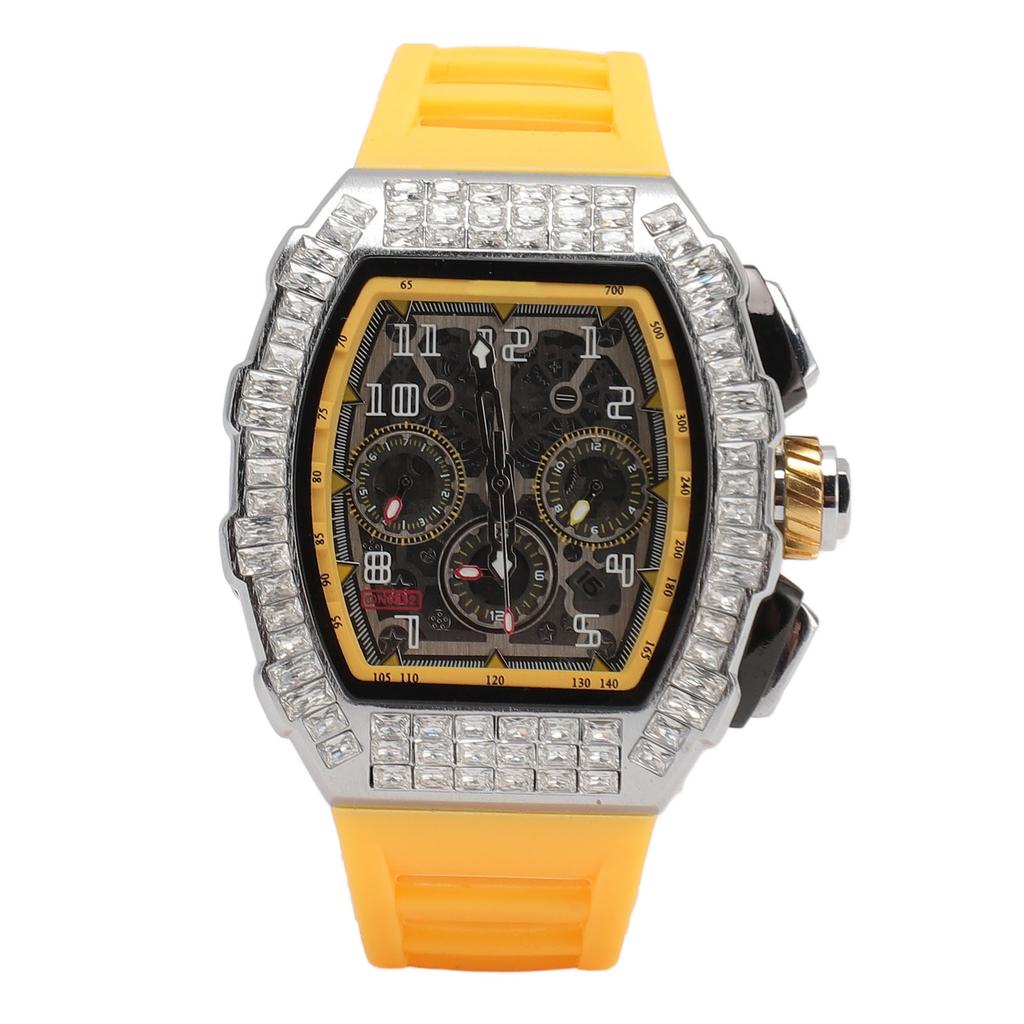Men Mechanical Watch 30M Waterproof Dial Hollow Automatic Mechanical Wrist Watch with Silicone Strap Silver Yellow