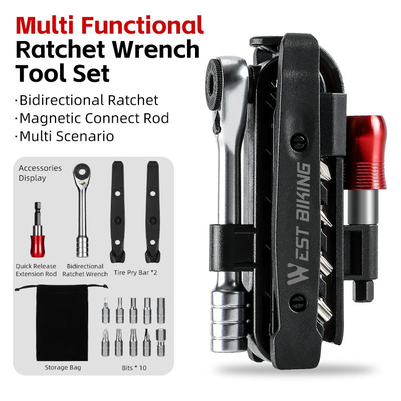 WEST BIKING Portable Ratchet Wrench Kit Multifunction Bicycle Tools 14 In 1 Multitool Set Tyre Lever MTB Road Bike Gadgets чёрный