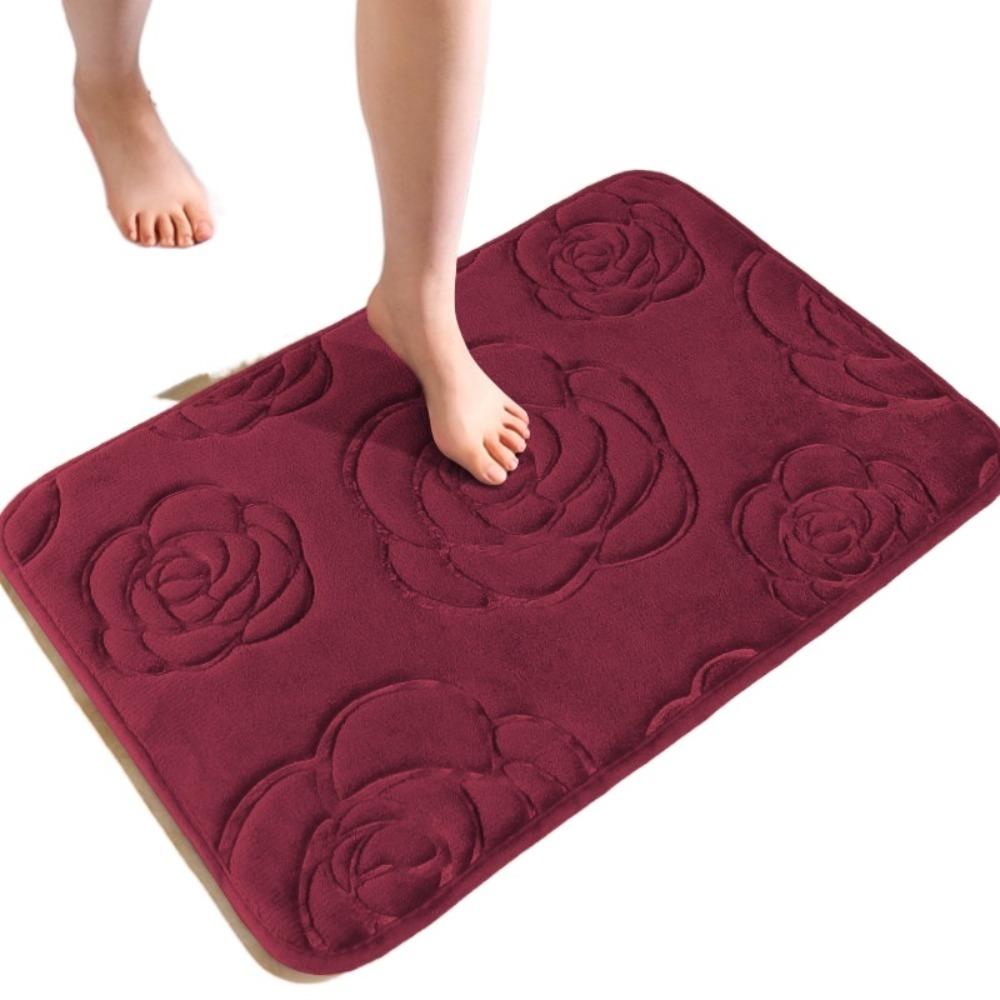 Machine Washable Rose Pattern Floor Mat Square Non-Slip Mat Coral Velvet Carpet  Bathroom