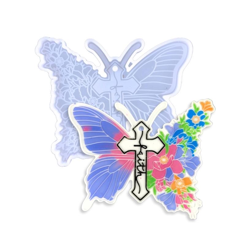 Shiny Keychain Resin Mold Crucifix-Butterfly Silicone Casting Molds for DIY Keychain Pendant Decoration Homemade Earring