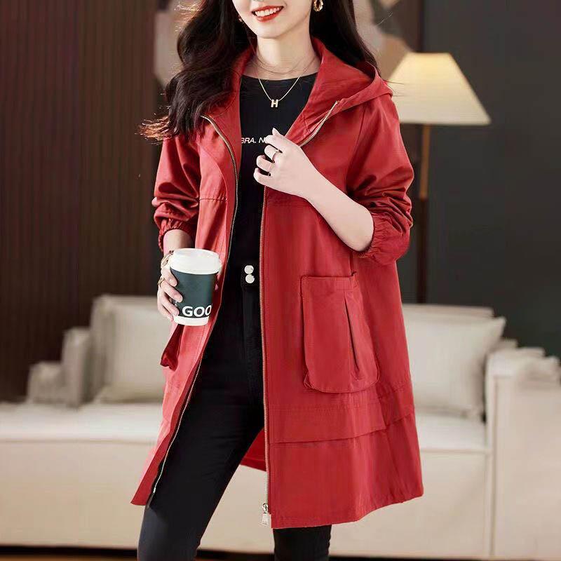 Large Size Women Hooded Trench Coat Jacket Medium-length Loose Casual Versatile Coat