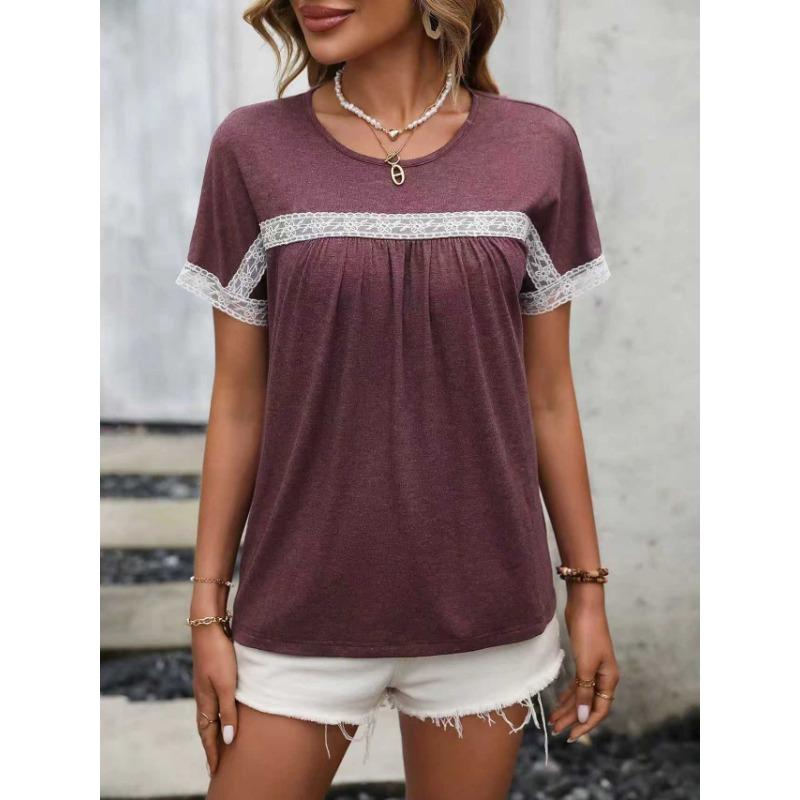 Women Short Sleeve Round Neck Lace Spliced Casual T Shirt