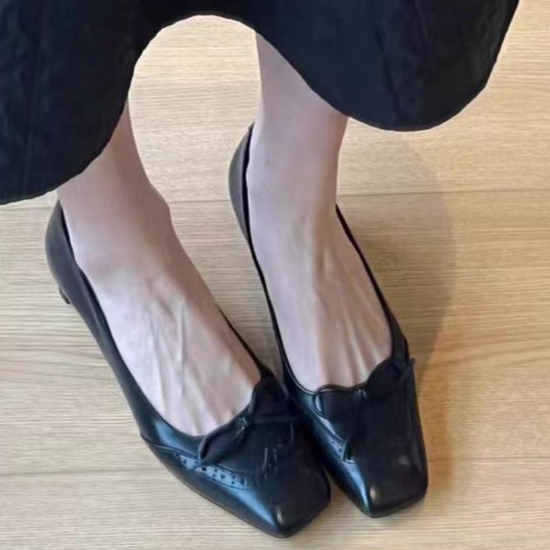 

Fashion Women s Spring Heel Shoes New Style Square Head Shallow Mouth Splicing Butterfly Knot Set Foot Non-slip Single Shoes 40 чёрный