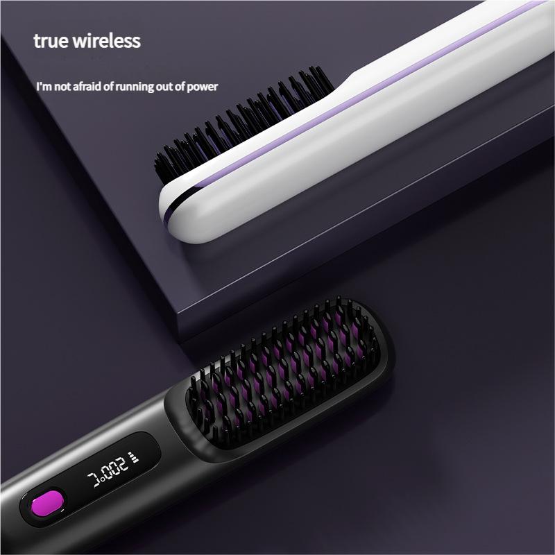 Wireless Hair Straightener Brush 2-in-1 Curling & Straightening Ionic Technology Fast Heating Portable Styler with LCD Display