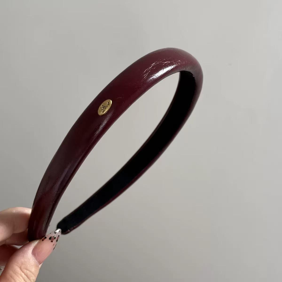 

2025 Korean Burgundy Leather Thin Headband for Women - High Skull Top, Autumn/Winter, High-End Feel