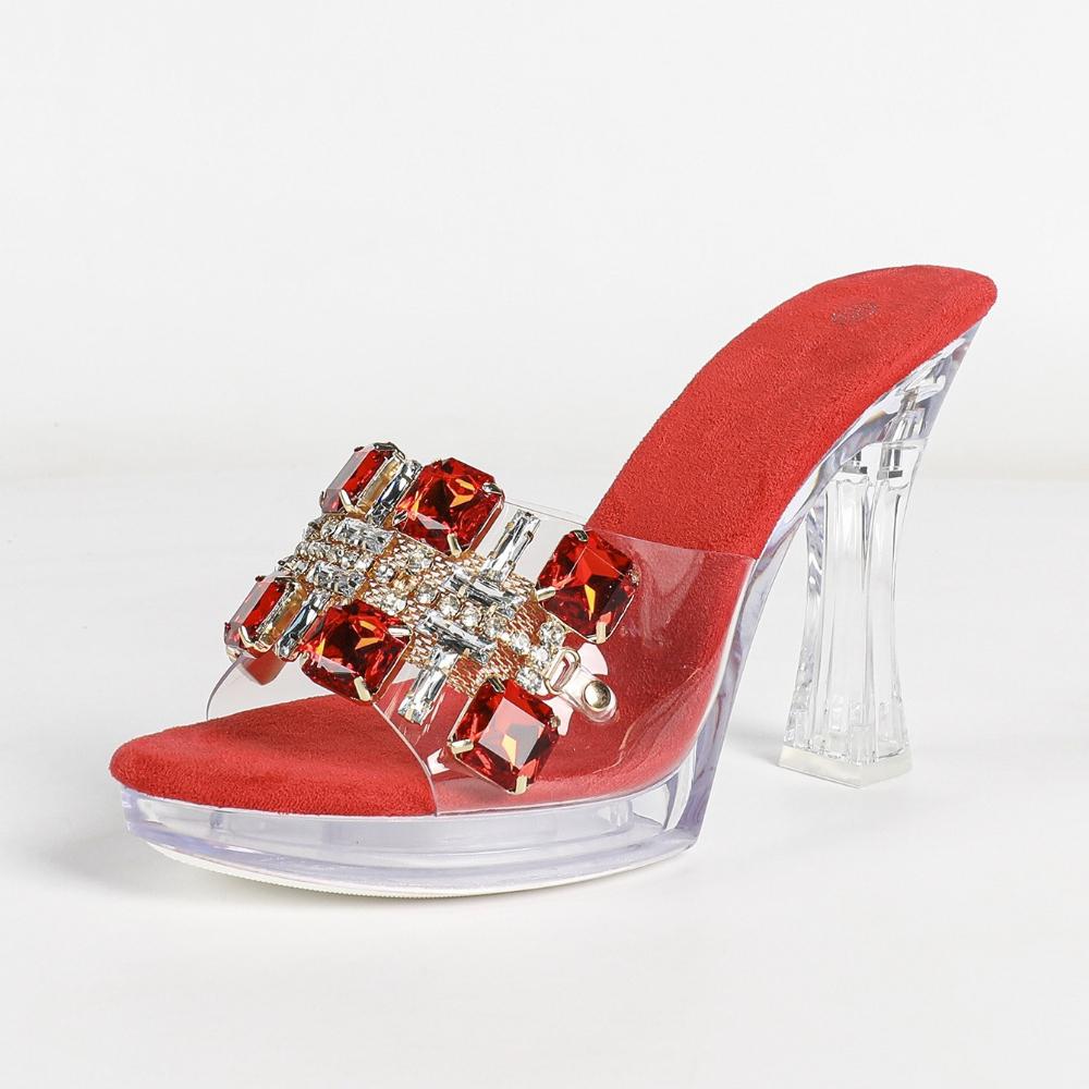 Damen Sexy Strass-Stiletto-Slipper Kristall-Transparente Plateau-Absätze Sommer-Bankett-Party Damen-Schuhwerk LFD-198711-Q3