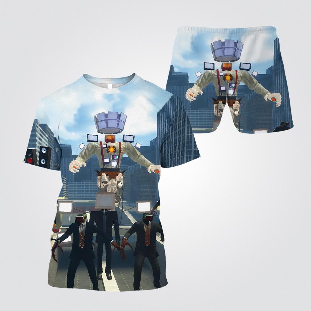 Summer Round Neck 3D Cartoon Toilet Person Vs. Monitoring Person Printed Set Fashionable and Casual Short Sleeved Shorts Children's Boy Clothing Sets