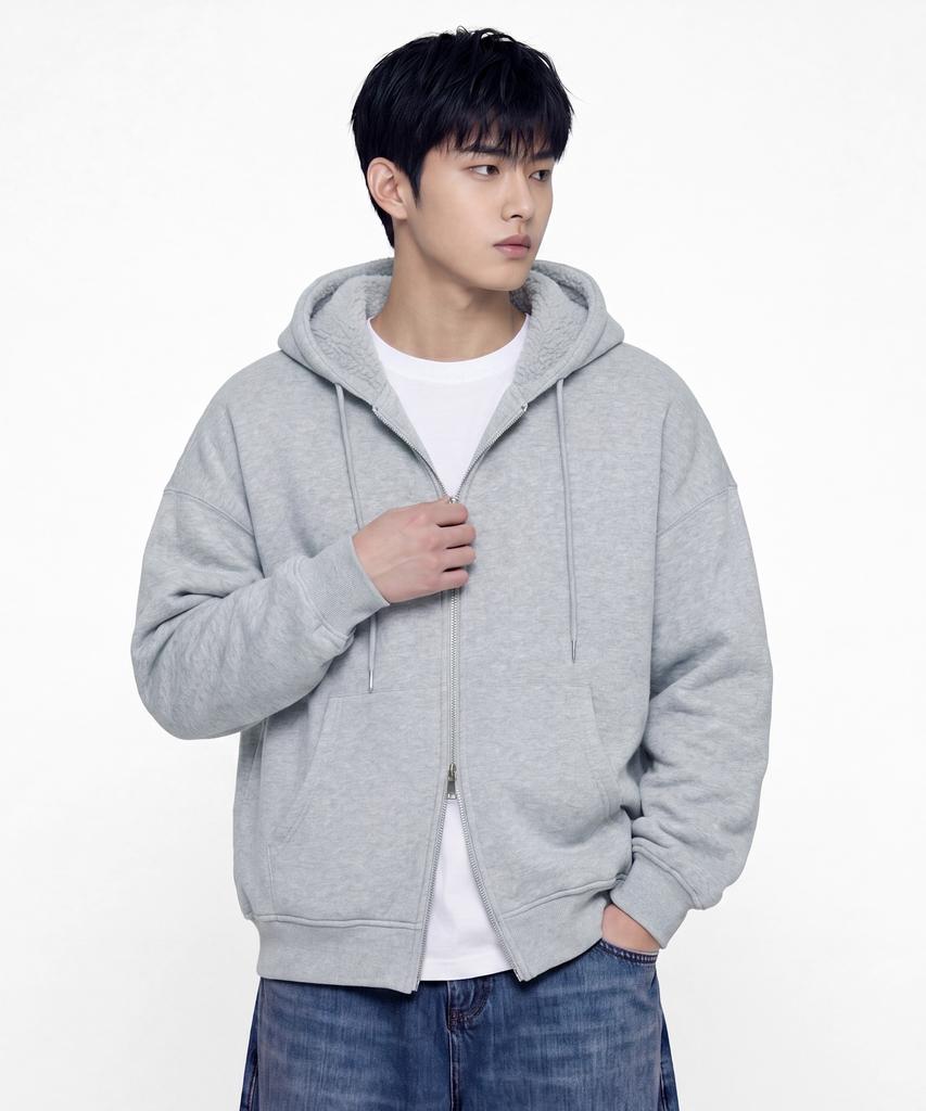 Agod Reversible Heavy Fleece Boa Hooded Zip-Up [Heather Grey]