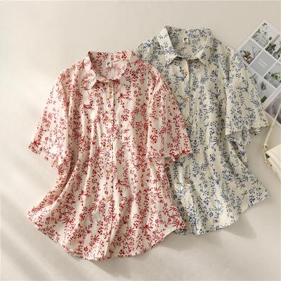 Summer Women's Retro Printed Short Sleeved Cotton Plus Size Shirt Casual Outerwear Loose Fit Shirt Blouses & Shirts