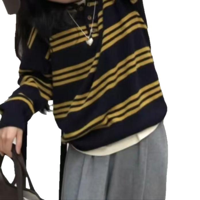 Women's Retro Stripe Pure Wool Polo Collar Sweater - Color Block Design, Lazy Style Knit Pullover
