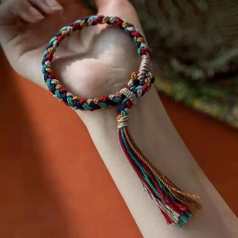 Handmade Tibetan Braided Colorful Rope Wristband Ethnic Style Bangle Adjustable Pulling Rope Wristchain