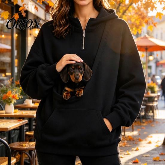 Travel Sweatshirt with Front Pouch Women Hoodie Pet Carrier Pocket, Half Zipper Pullover Sweatshirt, Dog for Small Pets Loose Fit Long Sleeve