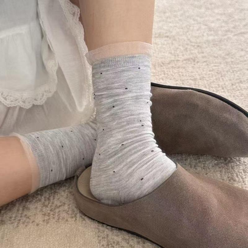 5 Pairs of Spring and Summer Polka Dot Lace Mid-calf Socks, Ballet-style Pile Socks, Teenage Mid-calf Socks