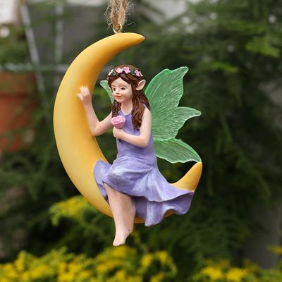 Zahradní měsíční květinová víla přívěsek, Kreativní závěsná houpačka víla socha na nádvoří, Domácí dekorace