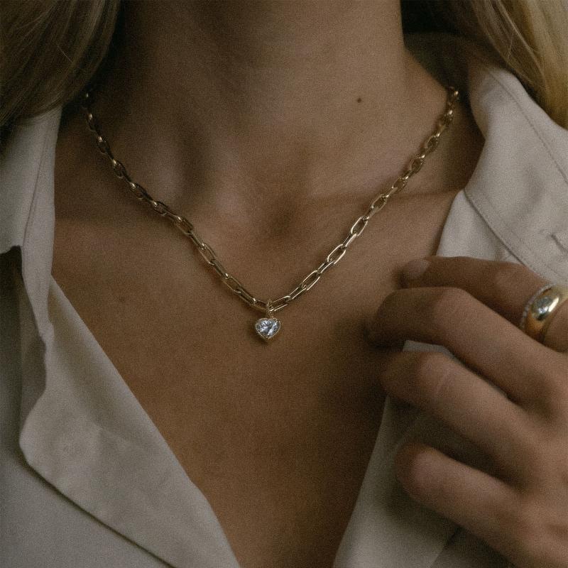 Geometric Heart Pendant Necklace for Women Dainty White Zircon Bead Chain Jewelry Perfect for Date Vacation