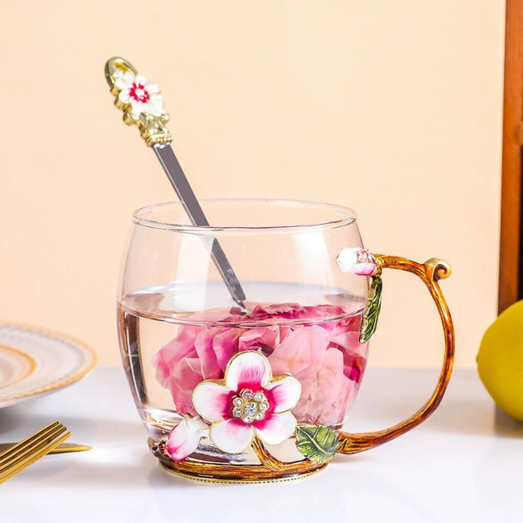 Handmade Enamel Butterfly Flower Glass Coffee Mugs Tea Cup with Spoon,Birthday Christmas Gifts for Her Women Mum Friends Teacher Valentines