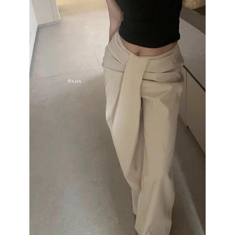 Kumikumi Stylish Asymmetric Large Ruched Casual Pants Women's Autumn Loose Feeling Low Waist Baggy Straight Trousers
