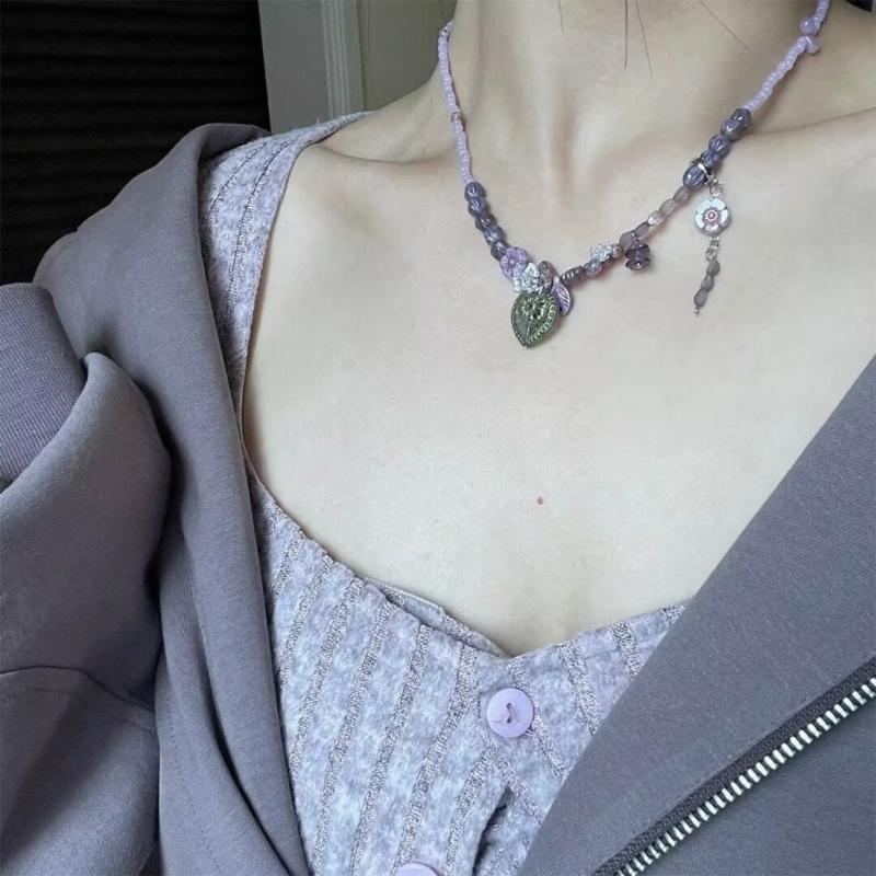 A52E Antique Inspired Beaded Heart Necklace Lightweight Adjustable Neckchain Jewelry CN