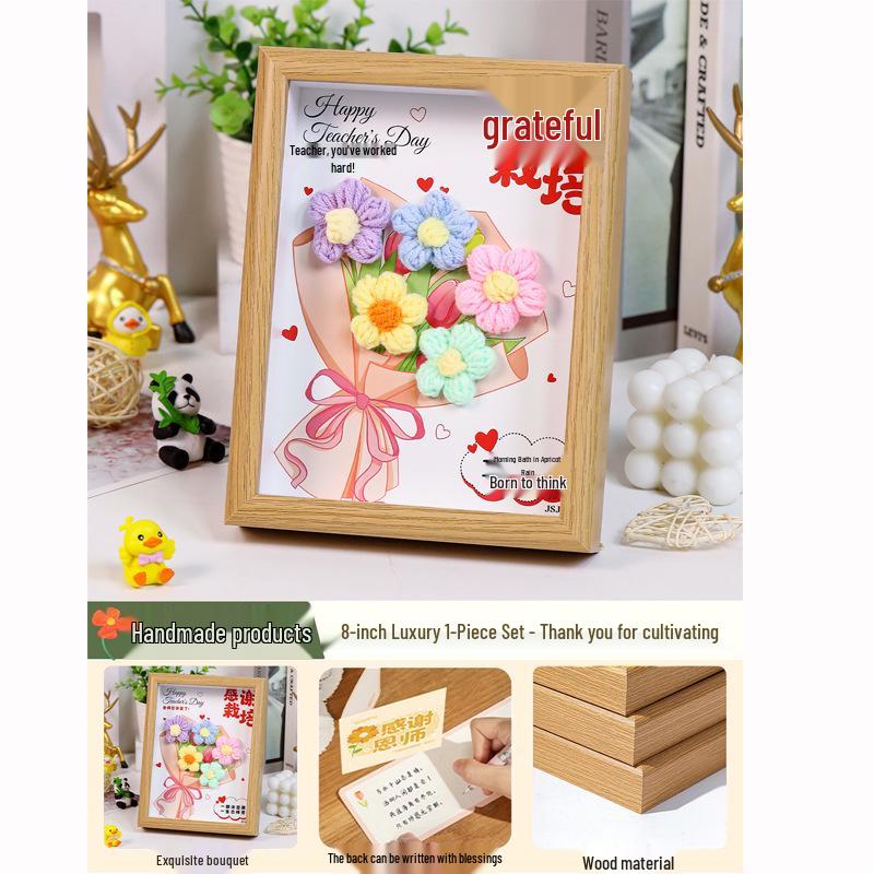 Teacher s Day Handmade Sunflower Yarn Flower Bouquet and Knitted Photo Frame Ornament