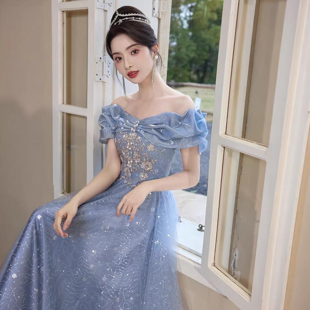 One-word shoulder blue evening dress skirt 1011 new banquet temperament light luxury niche host adult ceremony birthday dress