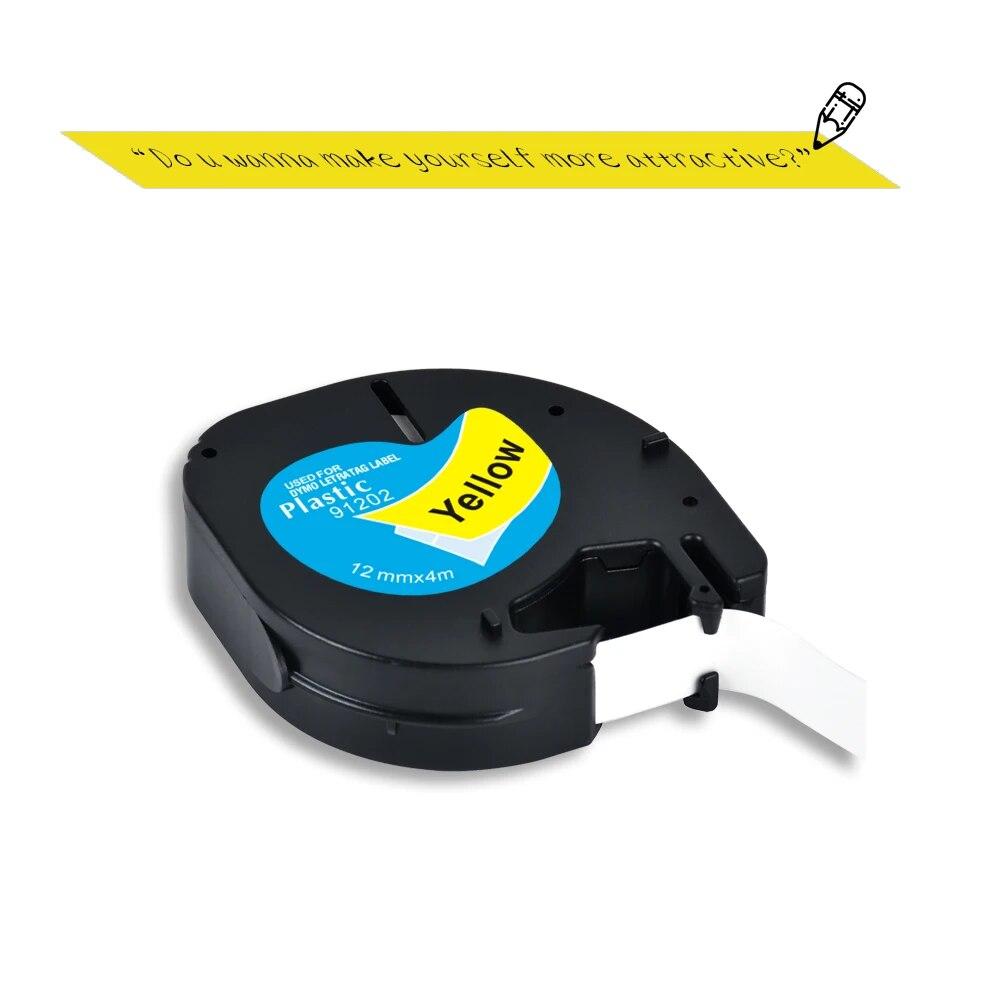 10STK 12mm LetraTag LT91202 LT 91202 Merketape Plast Svart på gult for Dymo letra tag Maskin LT-100H, LT-110T, QX 50