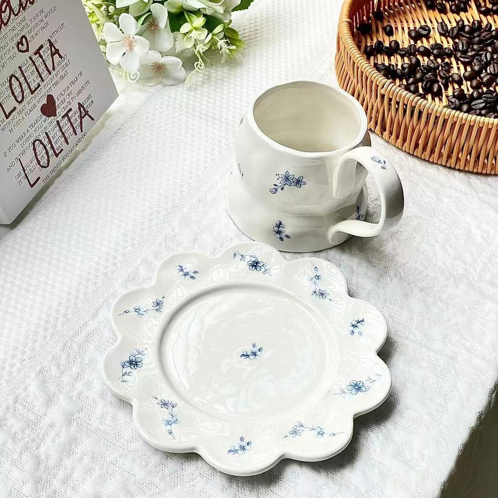 French Romantic Ins Style, Ceramic Cups and Saucers, Coffee Cups with High , Afternoon Teacups, Desserts with High Handles, Small Floral Blue Flowers.