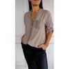 Women Casual Summer V-neck Sequin Blouse Loose Collar Mid-sleeve Printed Button Top Sun Protection Shirt with Pocket