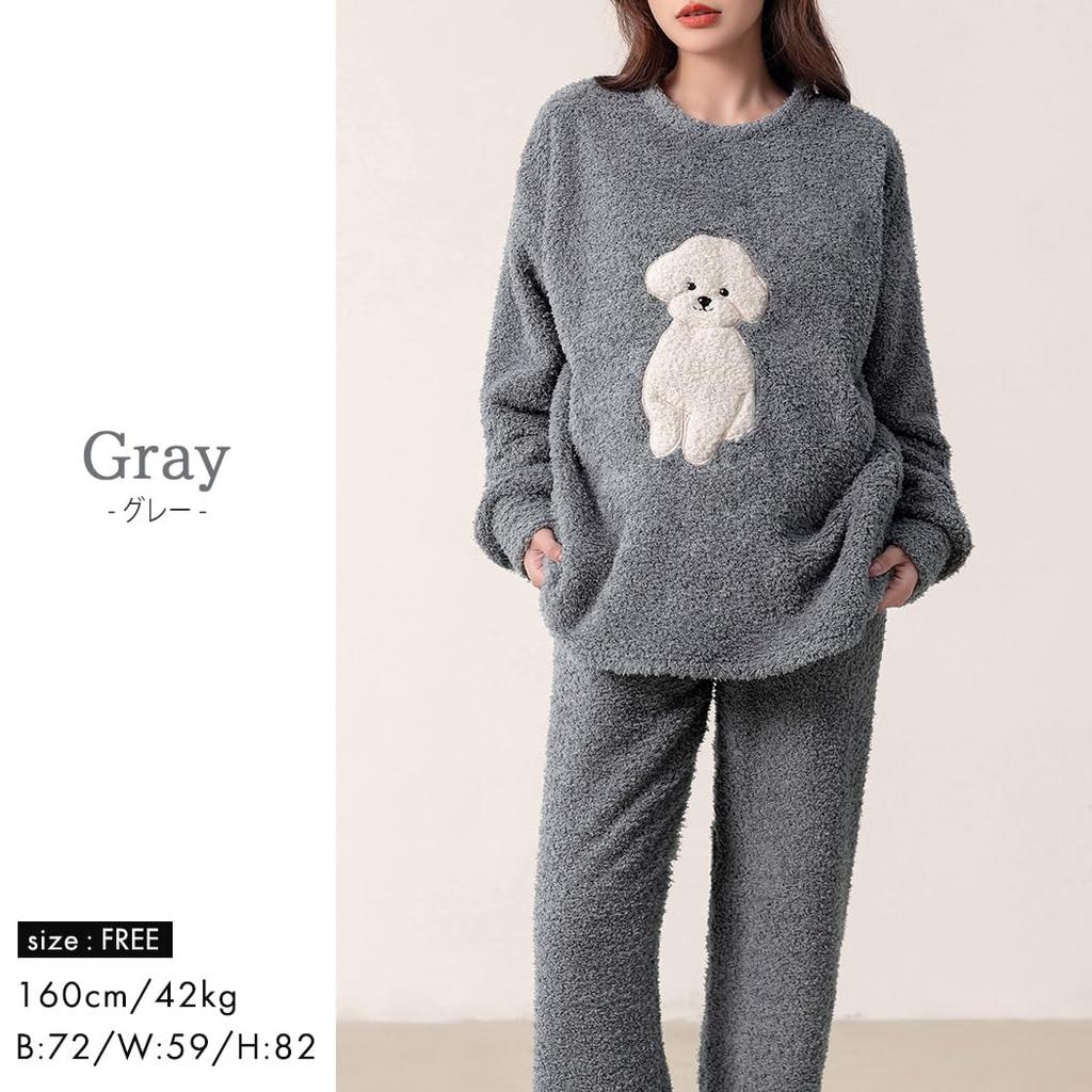 DAYCLOSET Long Sleeve Boa Top and Pants Loungewear Warm and Thick for Roomwear197 Women's 2-Piece Set, Winter, Brown,