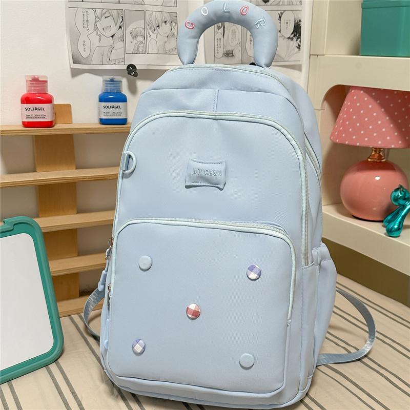Cute Light Blue Backpack with Padded Top Handle Front Zipper Pocket Adjustable Straps Casual School Bag
