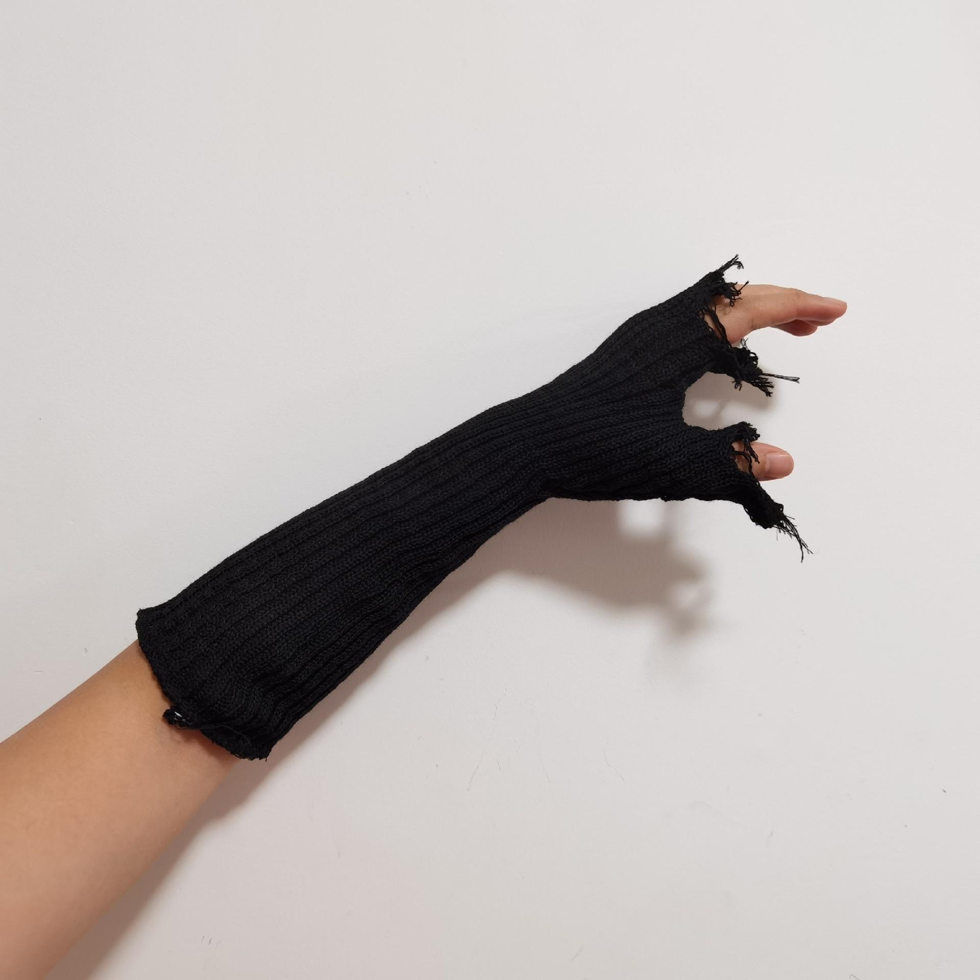 

Unisex Harajuku Style Knitted Fingerless Gloves with Tassels and Ripped Sleeves for Men and Women One Size чёрный