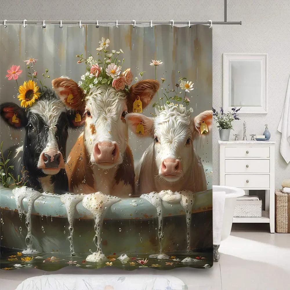 Urocza świnka w wannie Zasłona prysznicowa dla dzieci Zabawne kreskówkowe zwierzęta Rustykalna drewniana deska Poliestrowa tkanina Zasłona prysznicowa Dekoracja łazienki